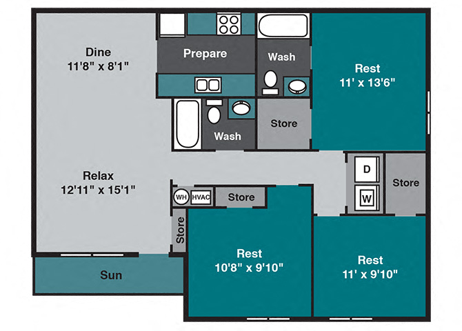 Floor plan for 3 beds, 2 baths, 1100 sqft